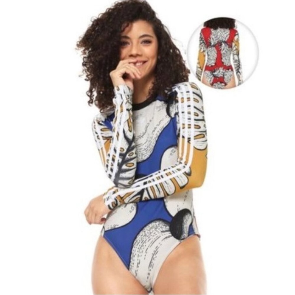 adidas Women's Blue White Gold Long-Sleeve Printed Bodysuit